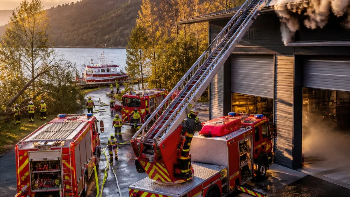 Firefighters are preparing a fire truck with a ladder extended, smoke coming from a nearby building, and a boat docked in the background.