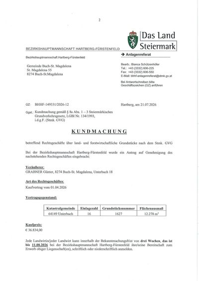 Dokument des Bezirkshauptmannschaft Hartberg-Fürstenfeld, Österreich, vom 21. Juli 2026. Es enthält Informationen über eine Grundstückstransaktion, einschließlich Adresse, Kontaktdaten und den Betrag von 36.834,00 Euro.