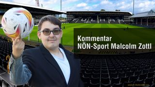 A man stands in front of a football stadium with the text 'Kommentar NON-Sport Mal' in the foreground. The stadium is empty, and a person is walking on the field.