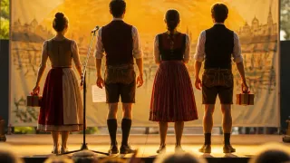 Vier Personen stehen auf einer Bühne, gekleidet in traditioneller Kleidung, mit einem Mikrofon vor ihnen. Der Hintergrund ist verschwommen und zeigt einen Sonnenuntergang.