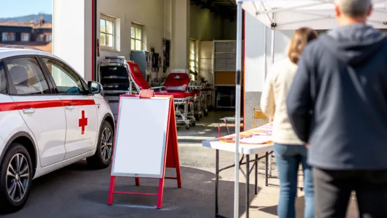 Ein weißes Auto mit rotem Kreuz an der Tür ist vor einer medizinischen Einrichtung geparkt. Ein rotes Schild steht auf dem Boden. Eine Frau steht neben einem Tisch mit Papieren darauf.