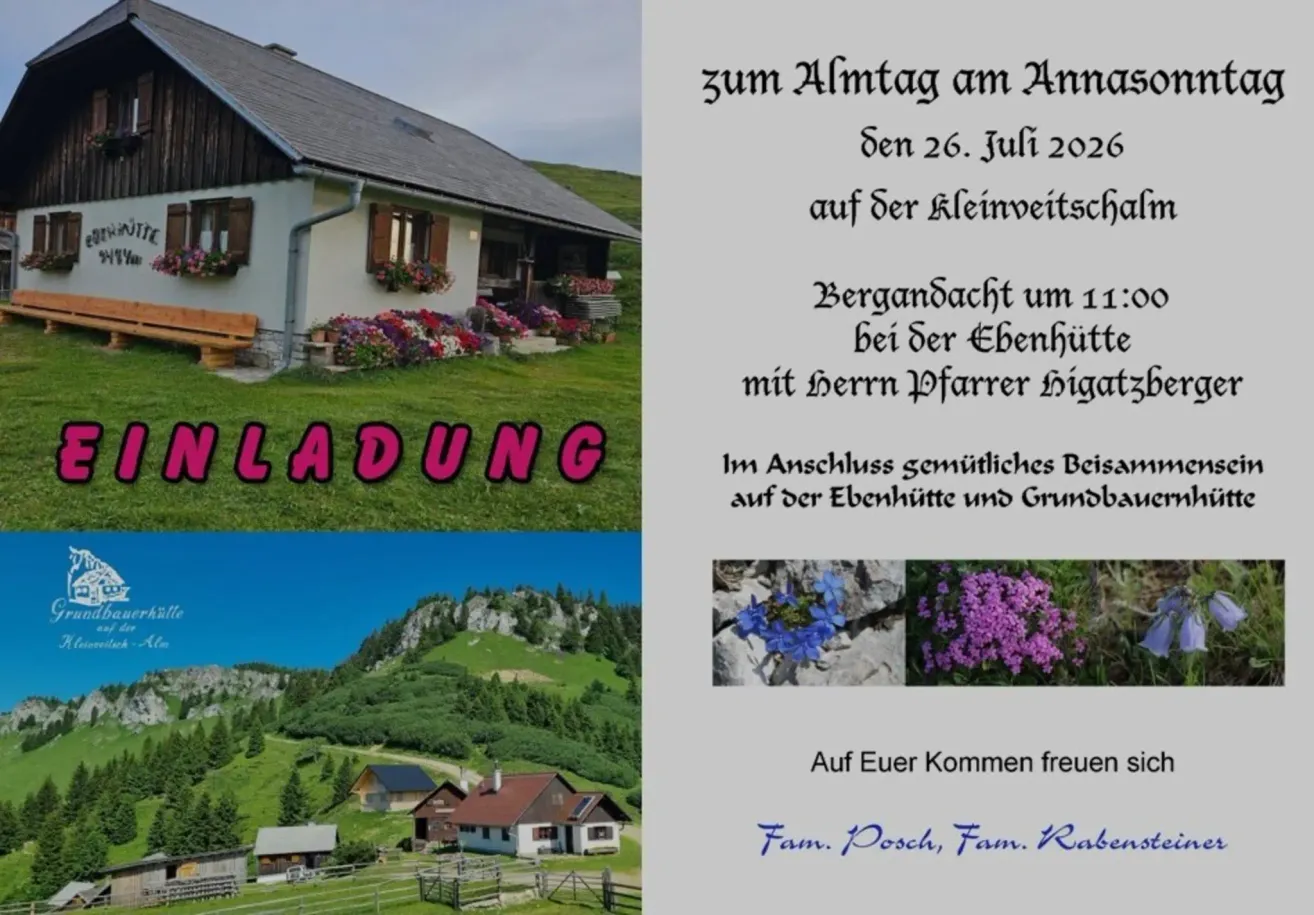 Eine Einladung zum Almtag am 26. Juli 2020 auf der Kleinveitsch mit einer gemütlichen Berghütte und einer malerischen Berglandschaft.