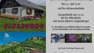Eine Einladung zum Almtag am 26. Juli 2020 auf der Kleinveitsch mit einer gemütlichen Berghütte und einer malerischen Berglandschaft.