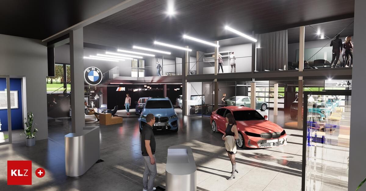 Eine konzeptionelle Darstellung eines modernen BMW-Händlers mit mehreren ausgestellten Autos und Menschen, die mit den Fahrzeugen und dem Showroom interagieren.