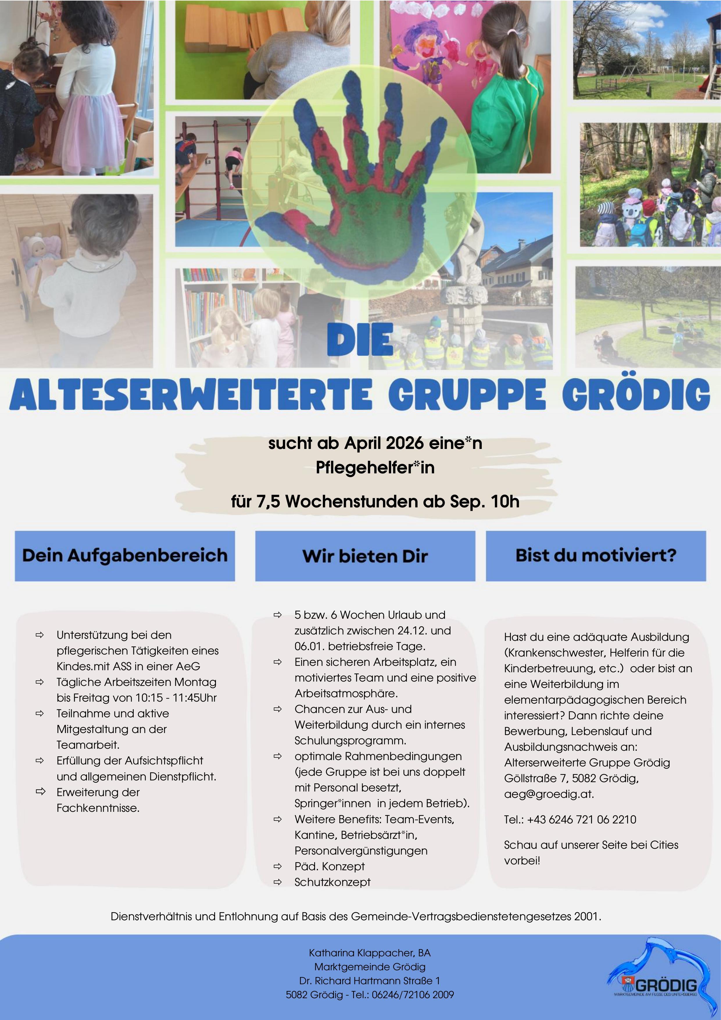 Alterserweiterte Gruppe Grödig sucht Pflegehelfer\*in in Grödig für 7,5 Wochenstunden