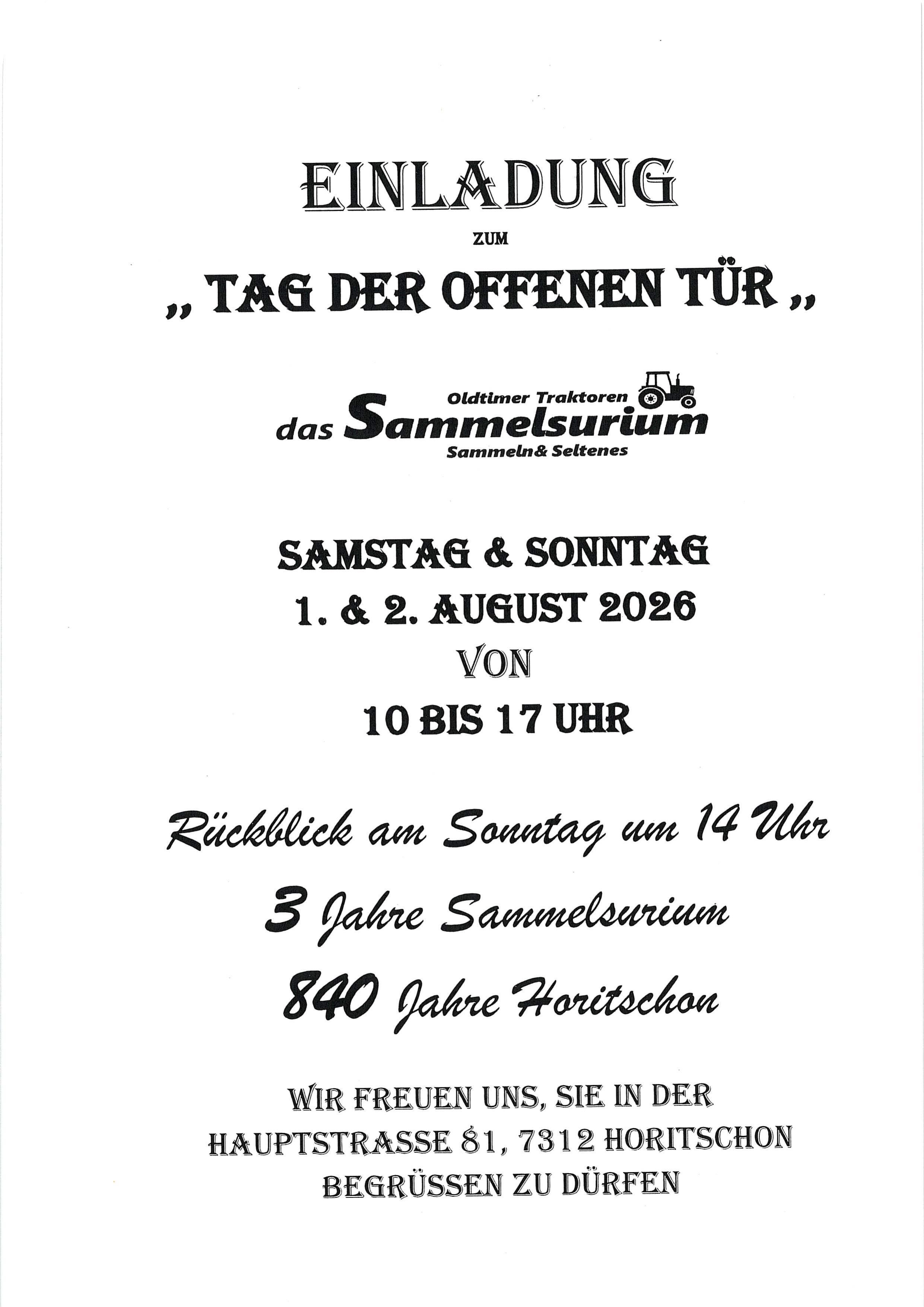 Einladung zum Tag der offenen Tür des Sammelsurium in Horitschon am 1. & 2. August 2026