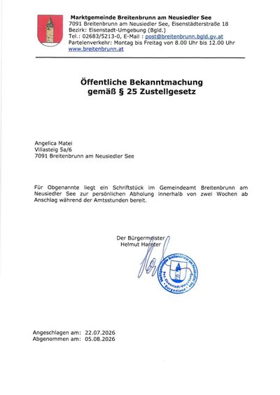 Öffentliche Bekanntmachung für Angelica Matei, Villasteig 5a/6, 7091 Breitenbrunn am Neusiedler See. Ein Schriftstück liegt im Gemeindeamt Breitenbrunn am Neusiedler See zur persönlichen Abholung innerhalb von zwei Wochen ab Anschlag vor. Unterzeichnet von Helmut Hareter, Bürgermeister von Breitenbrunn.