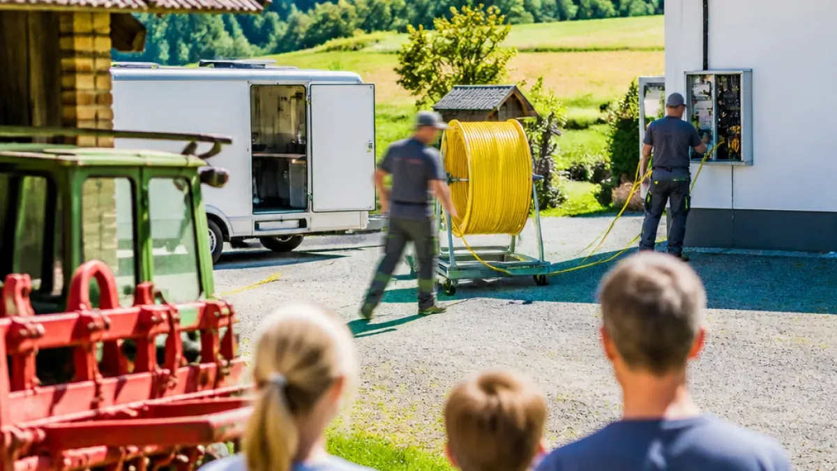 Zwei Männer ziehen einen großen gelben Schlauch auf einem Wagen, während eine Gruppe von Menschen zusieht. Ein weißer Van ist in der Nähe geparkt.