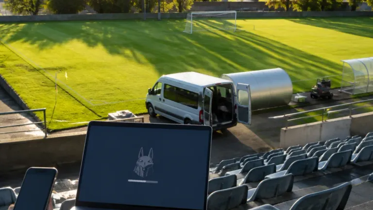 Ein Laptop mit einem Hundesymbol ist in einem Stadion geöffnet, mit einem leeren Feld und einem geparkten Van im Hintergrund.