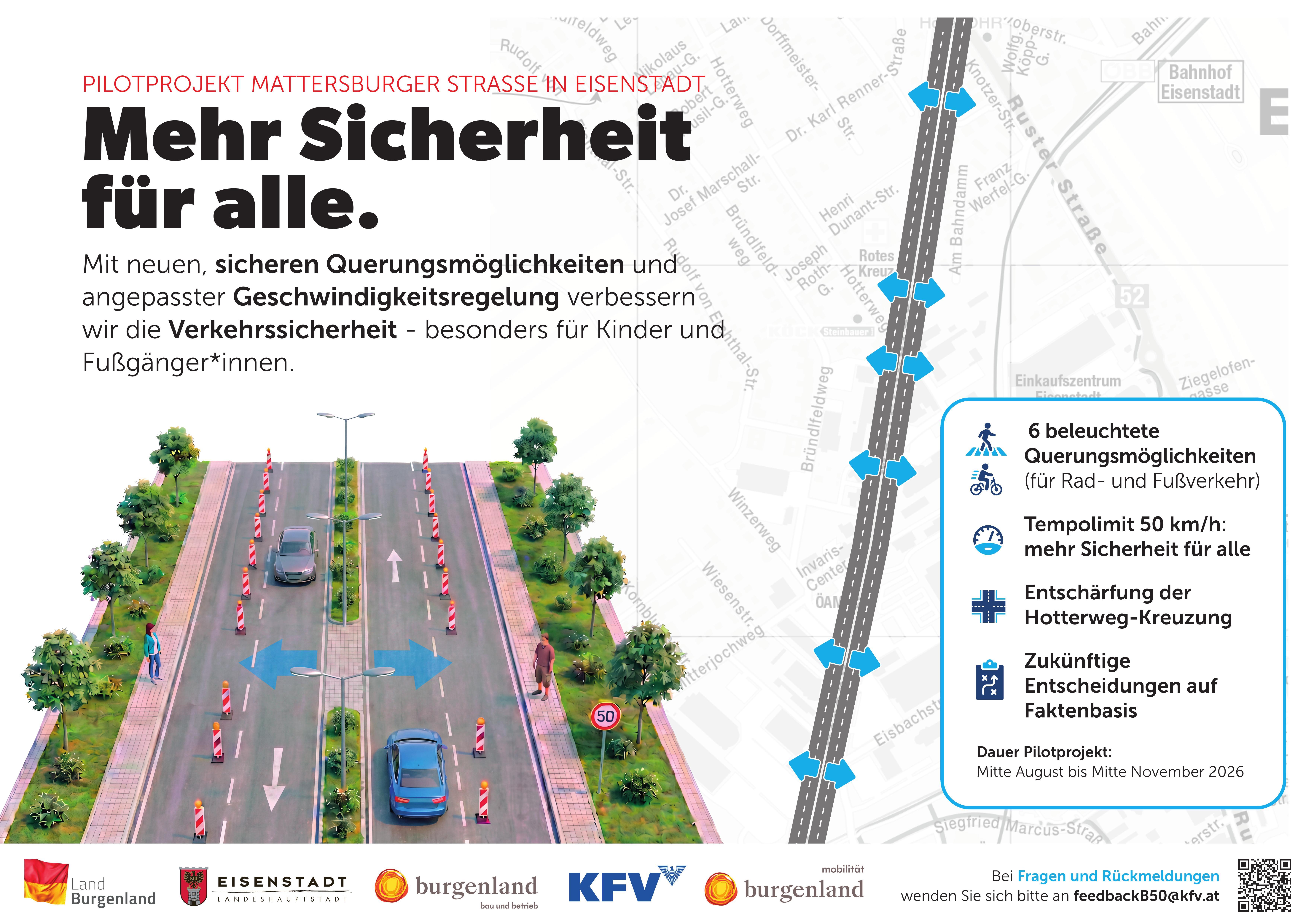 Pilotprojekt Mattersburger Straße Eisenstadt: Mehr Sicherheit für alle mit neuen Querungsmöglichkeiten.