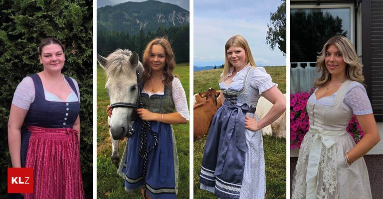 Drei Frauen in traditioneller deutscher Kleidung posieren auf einem Feld mit einem Pferd und einer Kuh im Hintergrund.