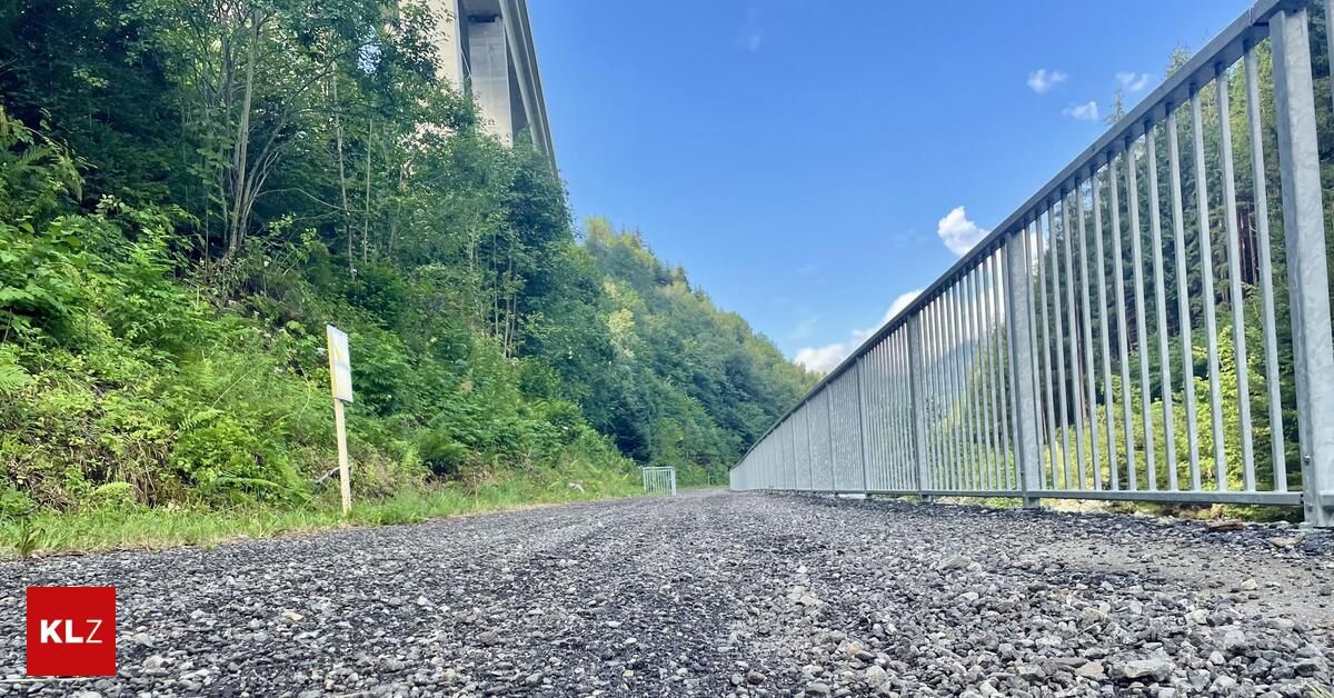 Eine Schotterstraße umgeben von Grün, mit einem Metallgeländer rechts und einer Brücke in der Ferne unter einem klaren blauen Himmel.
