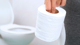 Eine Hand hält eine Rolle weißes Toilettenpapier vor einer weißen Toilettenschüssel.