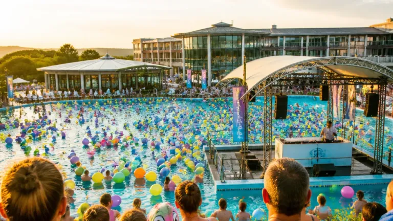 A large pool filled with people and colorful balloons, with a stage and buildings in the background.
