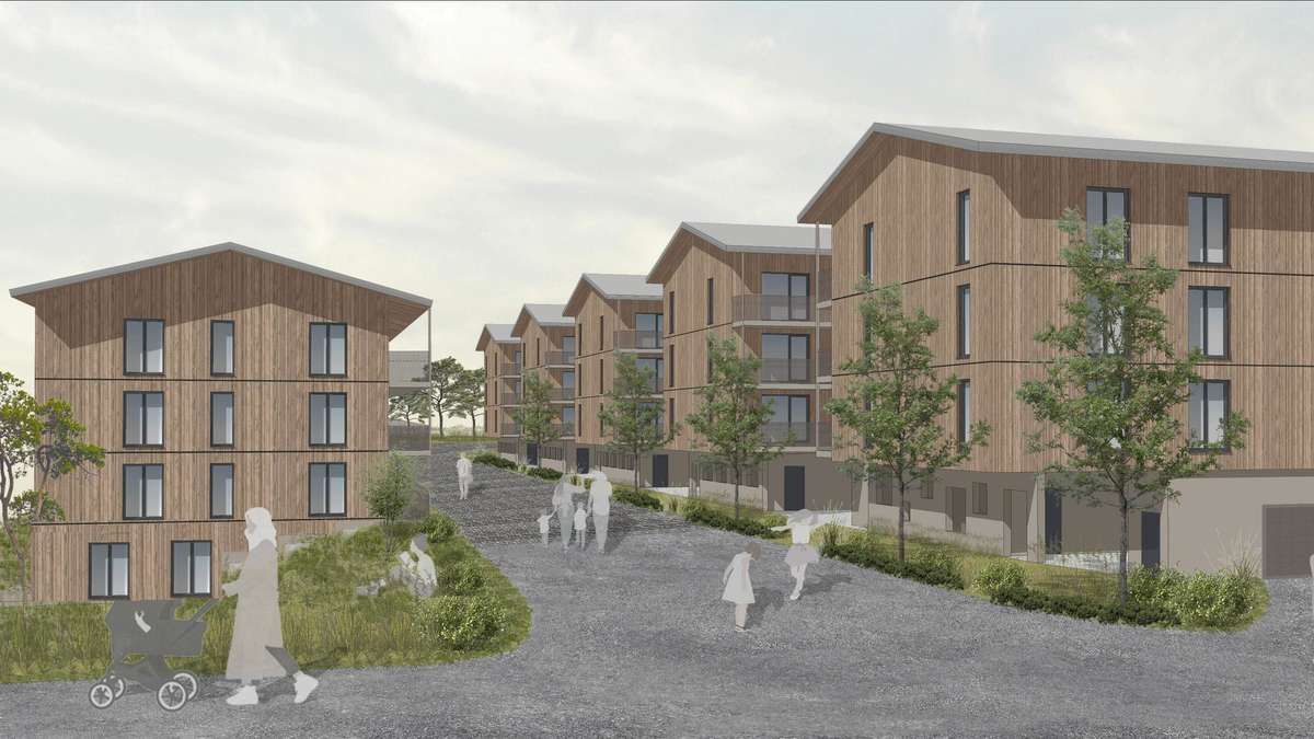 An artist's rendering of a modern residential complex with wooden facades, featuring a walkway with several people walking and a few sitting on the grass.