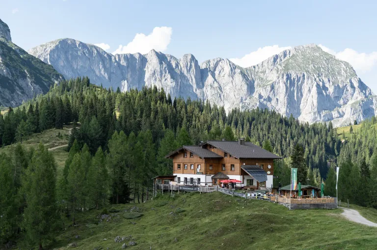 A chalet with a green banner stands on a hill, surrounded by lush green trees and mountains. The sky is clear and blue.
