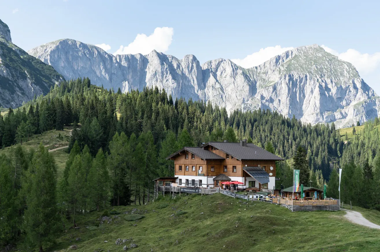 A chalet with a green banner stands on a hill, surrounded by lush green trees and mountains. The sky is clear and blue.