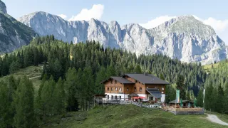 A chalet with a green banner stands on a hill, surrounded by lush green trees and mountains. The sky is clear and blue.