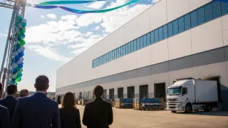 Drei Personen in Geschäftskleidung stehen vor einem großen Lagerhaus, in dessen Nähe ein LKW geparkt ist.