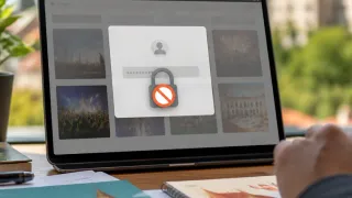 Ein Computerbildschirm zeigt eine Login-Seite mit einem Benutzersymbol und einem durchgestrichenen Schlosssymbol, was auf einen blockierten Zugriff hinweist.