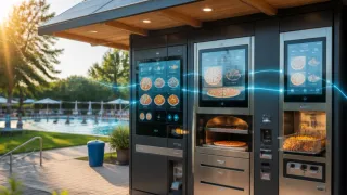 Ein moderner Pizza-Automat mit Touchscreen-Interface, das verschiedene Pizzaoptionen anzeigt, im Freien in der Nähe eines Schwimmbeckens.