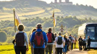 A group of people with backpacks are walking on a path in a hilly area. In the background, there is a castle on top of a hill.