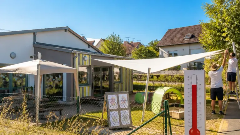 Ein sonniger Tag mit einem Haus mit einem weißen Sonnensegel und einem Thermometer auf der rechten Seite. Vor dem Haus befindet sich ein Zaun mit einem grünen Zelt und einem Schild.