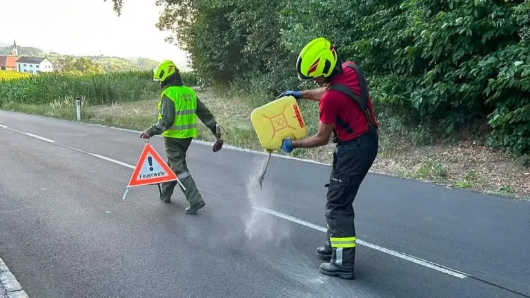Two firefighters in protective gear are on a road, one holding a yellow container and the other holding a warning sign.