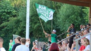 A man in a green shirt holds a green and white flag with the word 'ASK' at a sports event. Spectators are cheering in the background.