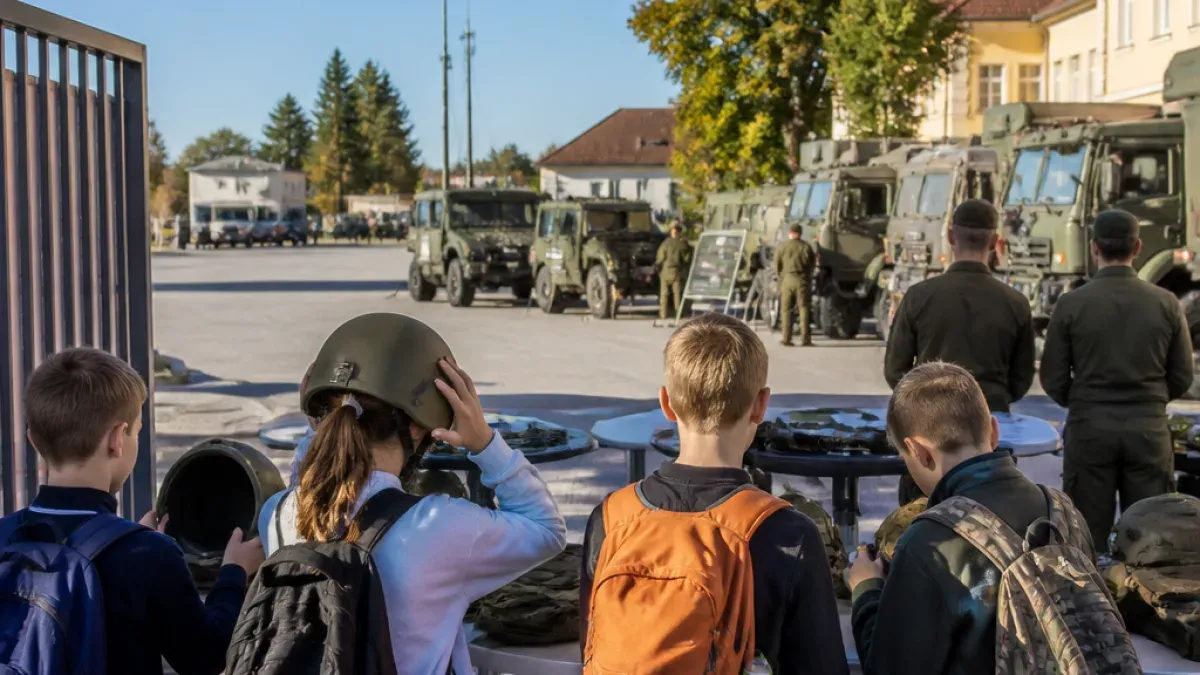 Drei Kinder, eines mit Helm, beobachten Militärfahrzeuge auf einem Parkplatz. Im Hintergrund stehen Soldaten in der Nähe der Fahrzeuge.