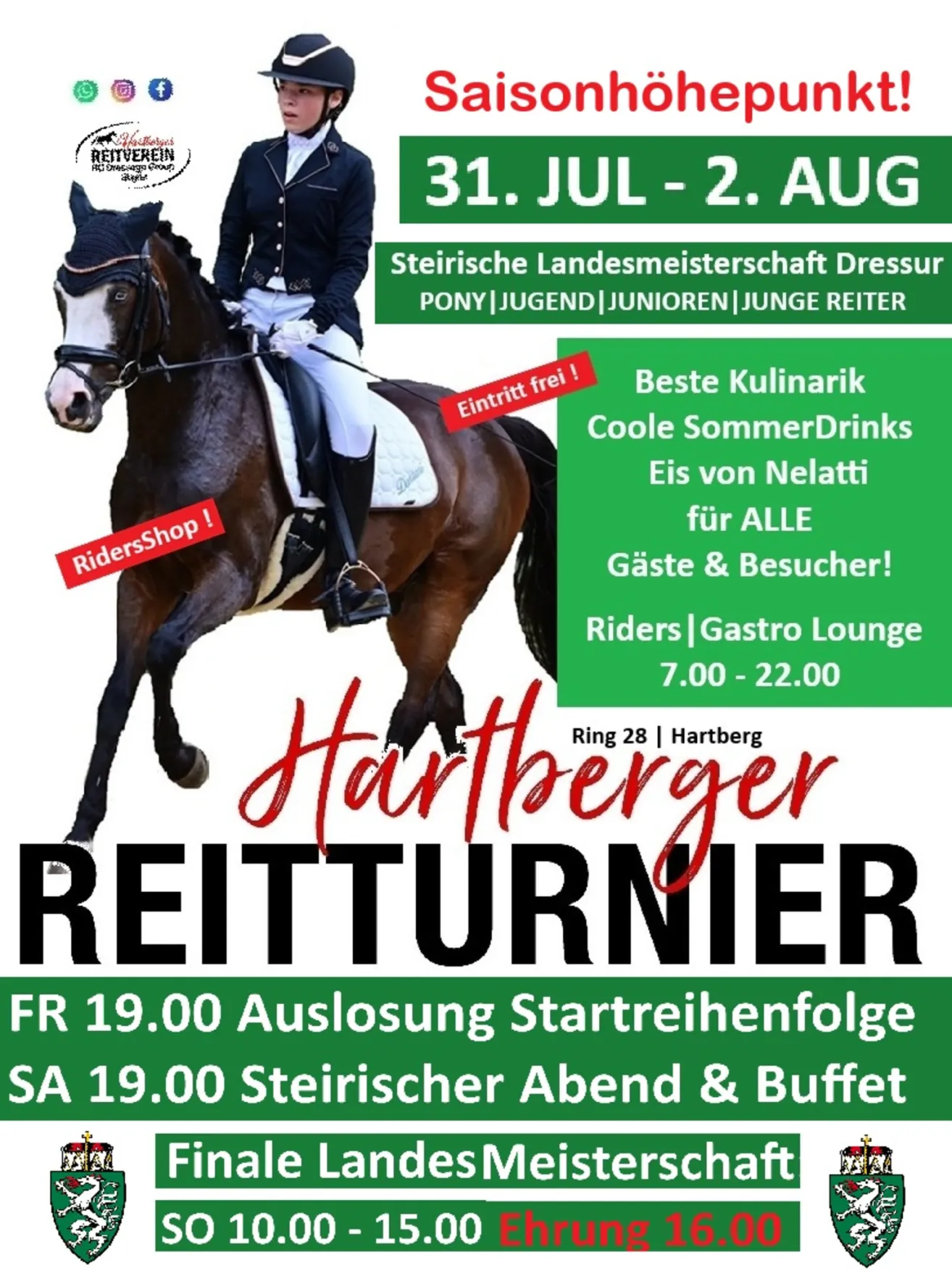 Ein Plakat für ein Reiterevent mit einer Reiterin auf einem Pferd, mit Details über das Event, einschließlich Daten, Zeiten und Aktivitäten wie Dressur und eine Gastro-Lounge.