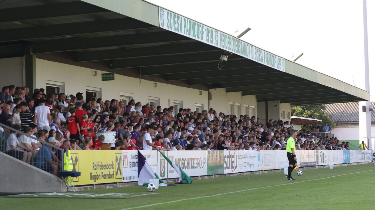 Ein Fußballfeld mit einer Menge von Zuschauern in den Tribünen, einem Fußball auf dem Boden und Fahnen und Bannern entlang des Zauns.