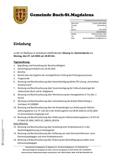 Ein Dokument mit einer Liste von Tagesordnungspunkten für eine Sitzung des Gemeinderats, einschließlich der Genehmigung der Sitzungsprotokolle, der Genehmigung des Protokolls und Diskussionen zu verschiedenen Themen wie Haushaltsvorschlägen und Anlagenänderungen.