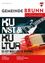 Plakat für die Gemeinde Brunn, mit einer Gitarre und einem Pinsel mit roter Farbe, mit dem Text 'Kunst & Kultur' und 'Es ist was los in Brunn'. Das Plakat ist auf Deutsch.