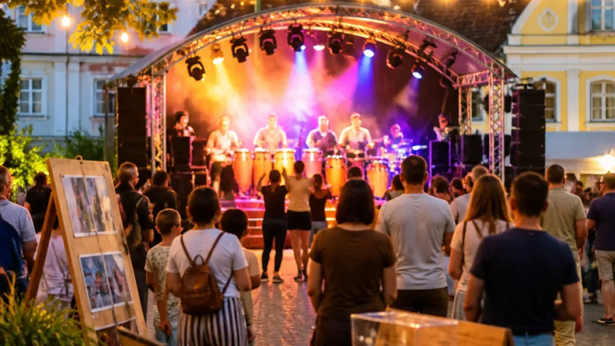 A group of musicians performs on a stage with colorful lights and a crowd of people watching in front of them.