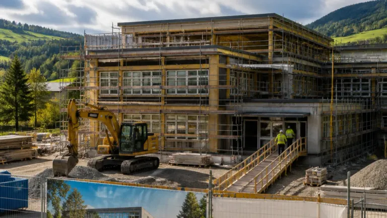 Eine Baustelle mit einem gelben Bagger und Arbeitern in gelben Westen in der Nähe eines teilweise errichteten Gebäudes mit Gerüsten.