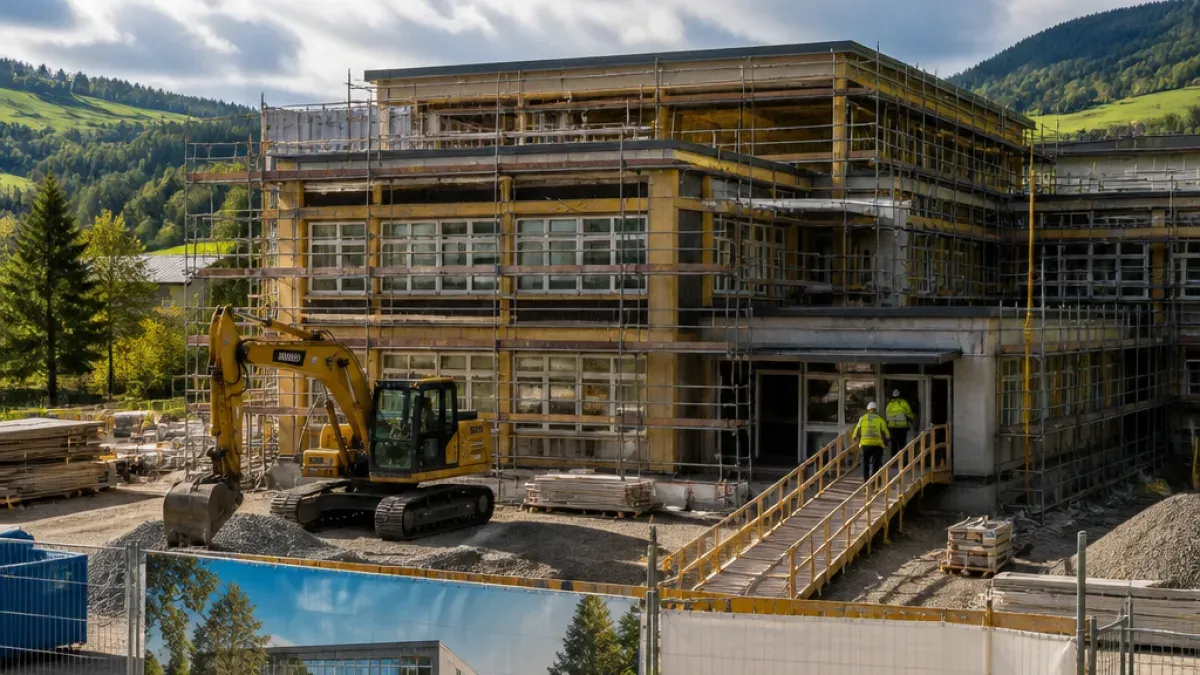 Eine Baustelle mit einem gelben Bagger und Arbeitern in gelben Westen in der Nähe eines teilweise errichteten Gebäudes mit Gerüsten.