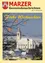 Postkarte mit einer Kirche mit Turm und schneebedecktem Dach, geschmückt mit Weihnachtssternen, vor einer verschneiten Landschaft.