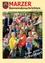 Eine Gruppe von Kindern, die dekorierte Kegel halten und lächeln, mit einem Mann in Anzug und Krawatte im Hintergrund, möglicherweise eine Schulveranstaltung.