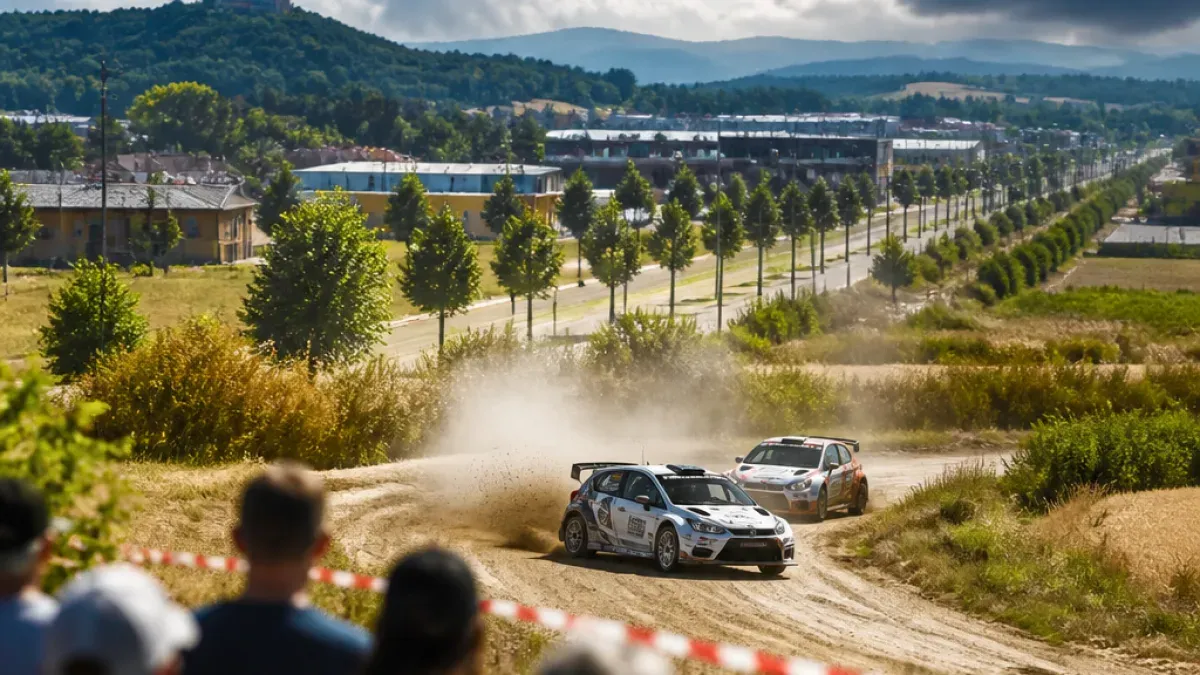 Two rally cars compete on a dirt track with spectators watching, surrounded by trees and a cityscape in the background.