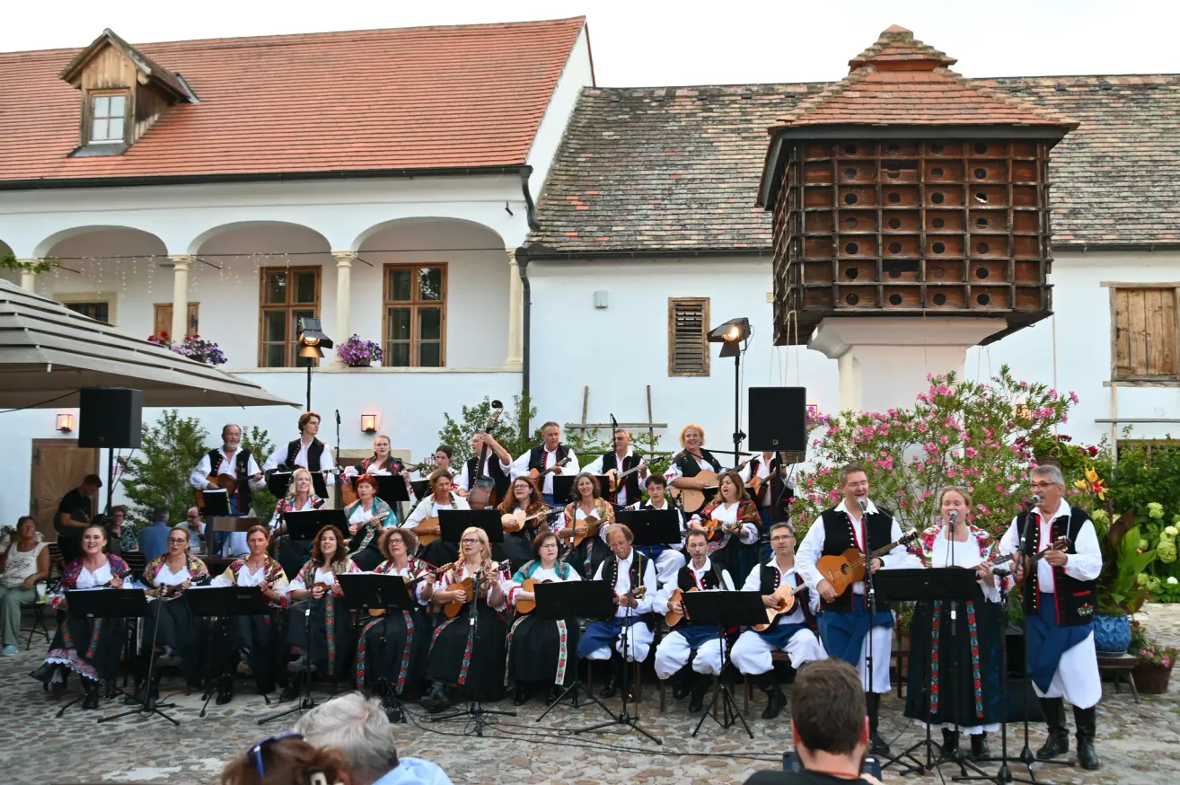 A folk band performs on a cobblestone stage in front of a traditional European building with a beehive structure on top.