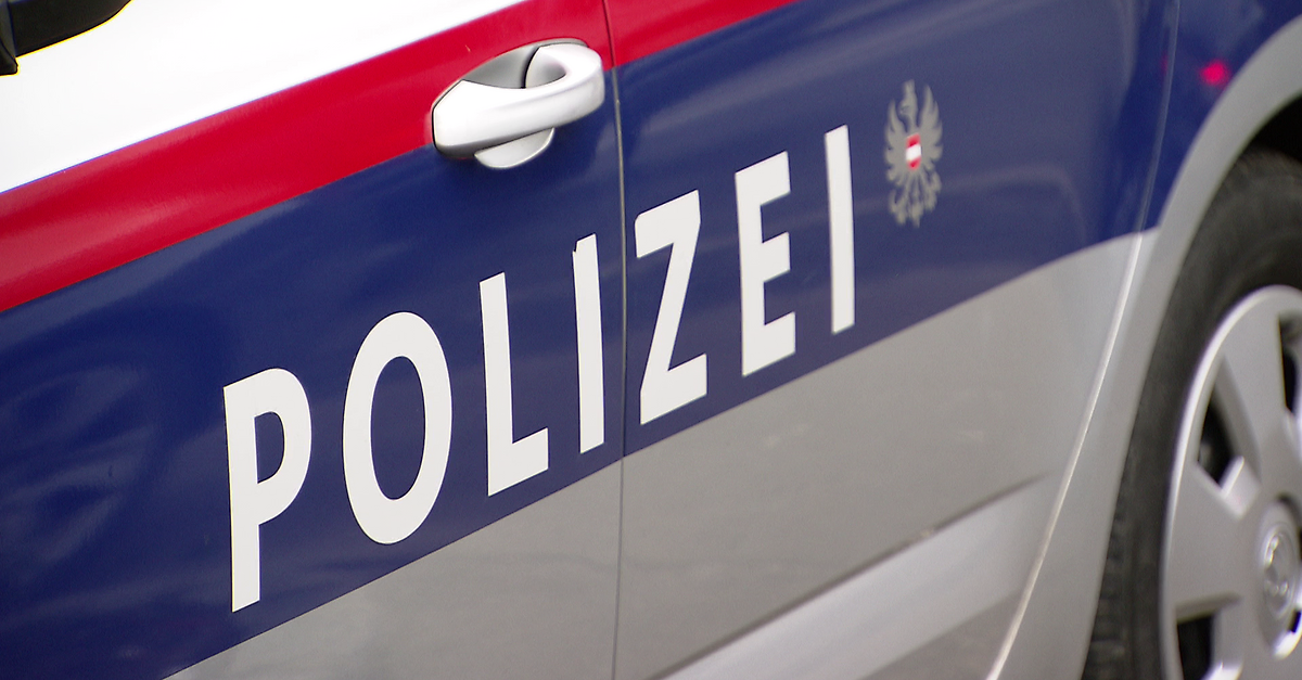 Nahaufnahme eines blauen und roten Polizeifahrzeugs mit dem Wort 'POLIZEI' in weißen Buchstaben und einem silbernen Griff.