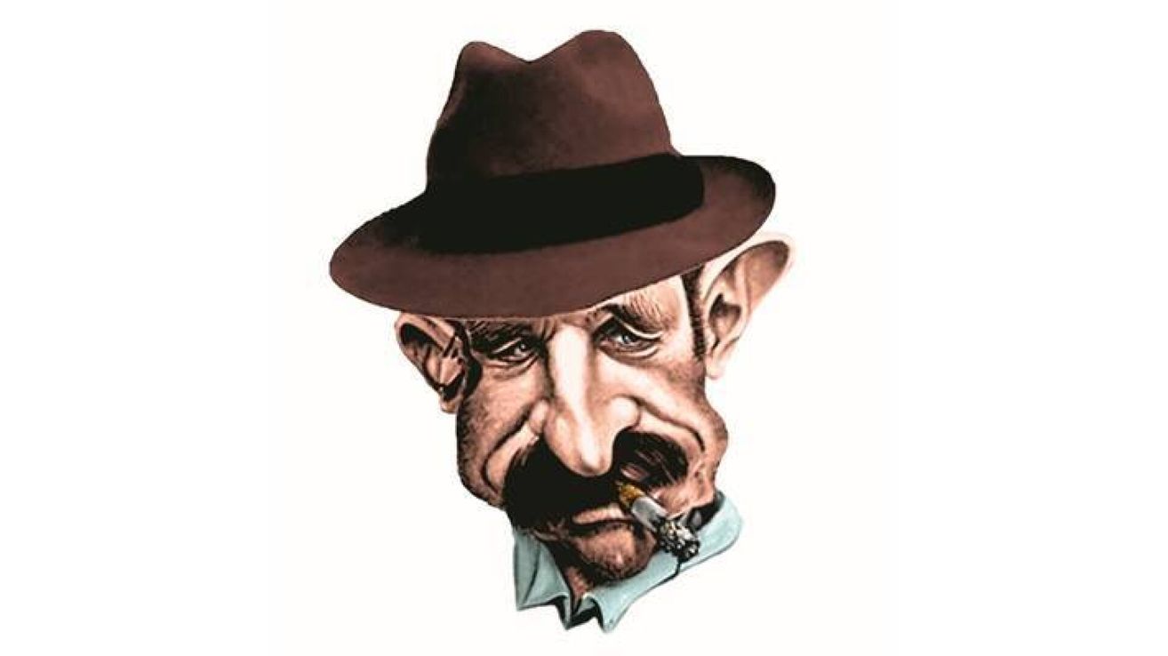 A caricature of an elderly man with a brown hat, mustache, and cigarette in his mouth. He has a serious expression.