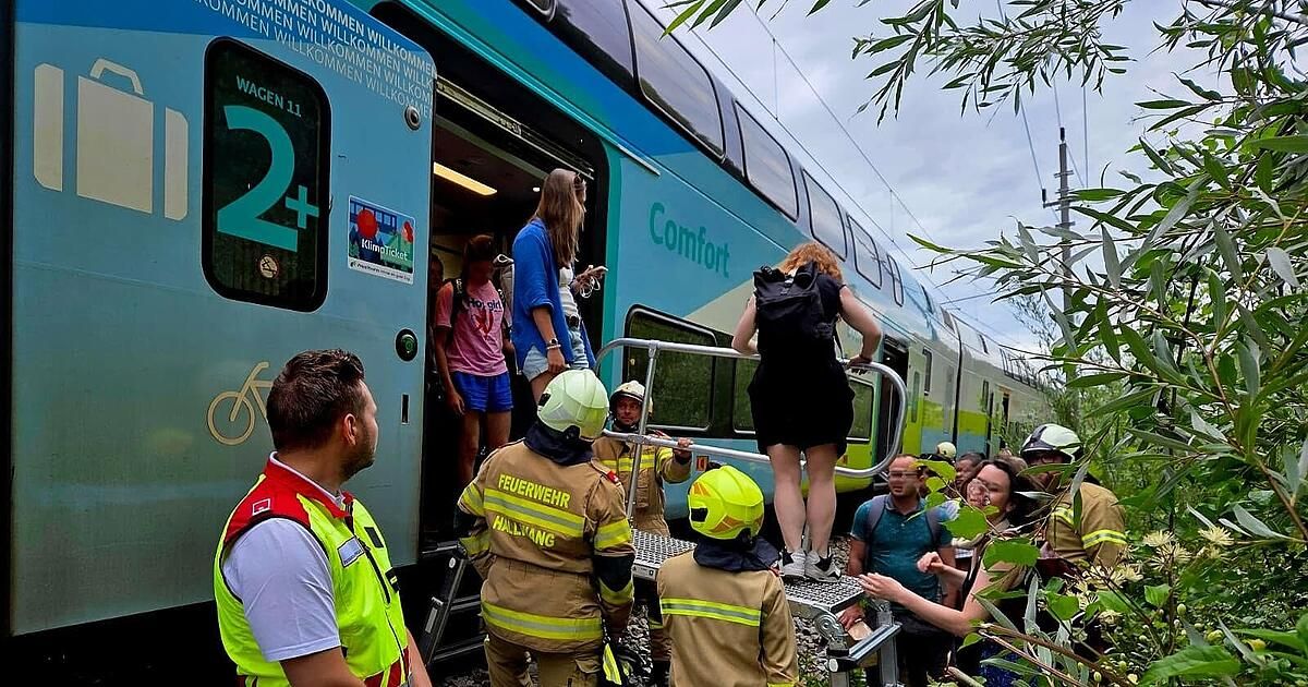 Firefighters assist passengers exiting a derailed train. A woman stands on a ladder, while others gather around. The train displays a 'Comfort' sign.