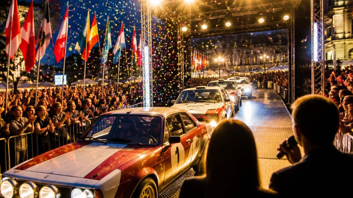A car parade with spectators and flags in the background. The cars are driving on a stage with a crowd cheering.