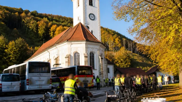 Eine Gruppe von Menschen in Warnwesten versammelt sich vor einer Kirche mit einem Glockenturm und Herbstbäumen im Hintergrund.
