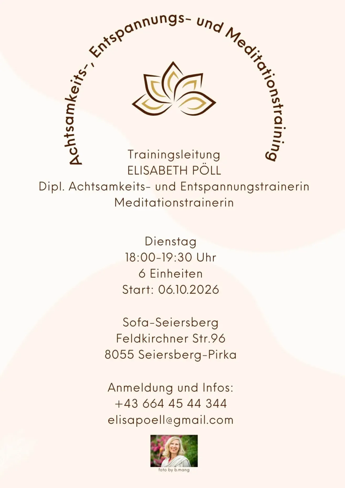 Poster for a mindfulness and relaxation training session led by Elisabeth Poll, starting on October 6, 2026, at 18:00-19:30, in Seisersberg, with contact information provided.