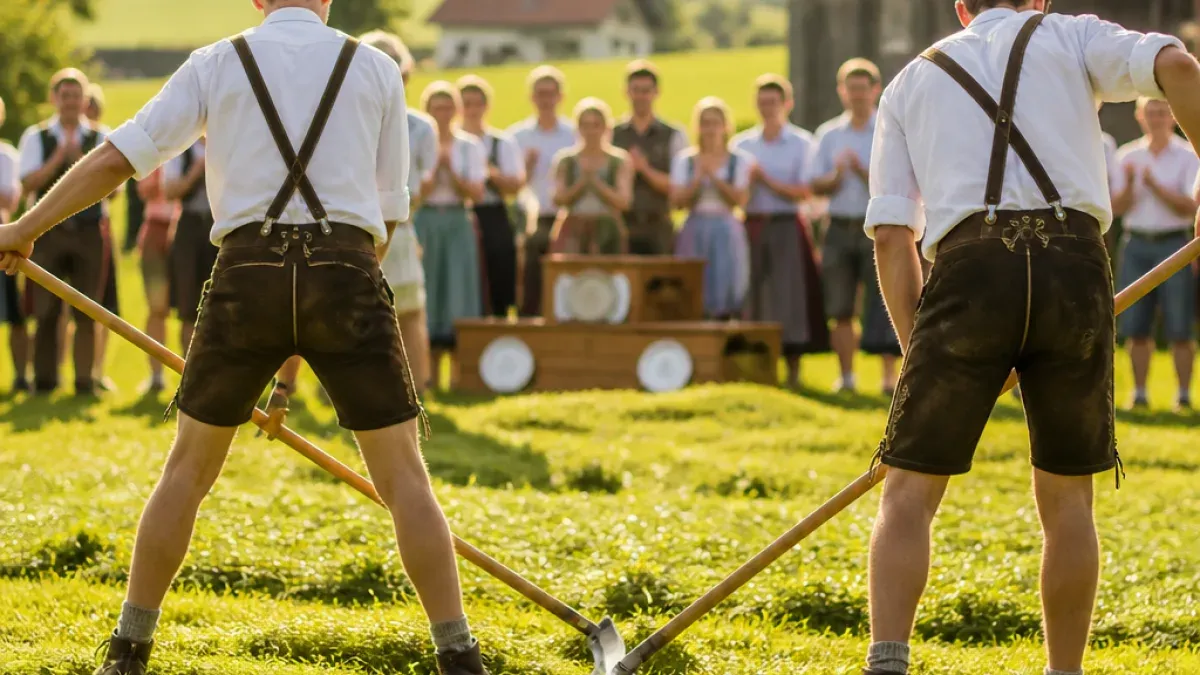 A group of people dressed in traditional clothing are standing in a field, holding wooden hammers. They appear to be participating in a traditional event.