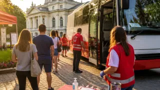 A group of people in red vests are standing in front of a bus with its door open, possibly waiting for passengers. A woman in a red vest is holding a sanitizer bottle.