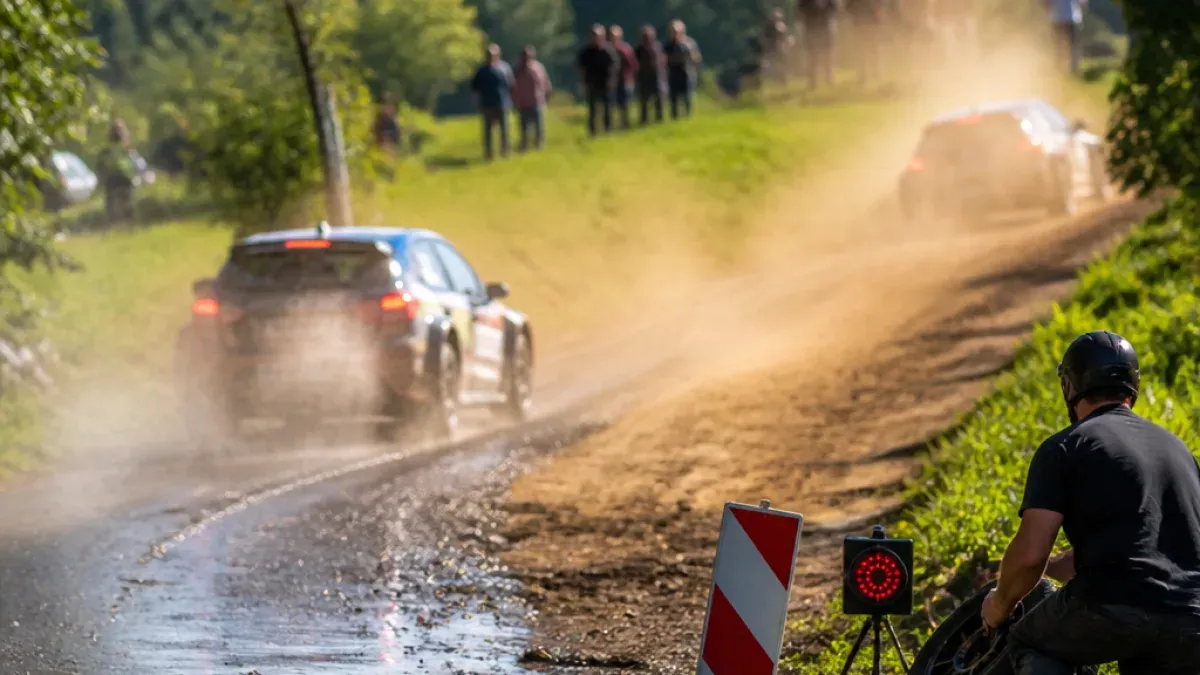 A rally car drives on a dirt road, with spectators standing on the grassy hill behind it. A red warning light is visible on the right side of the road.
